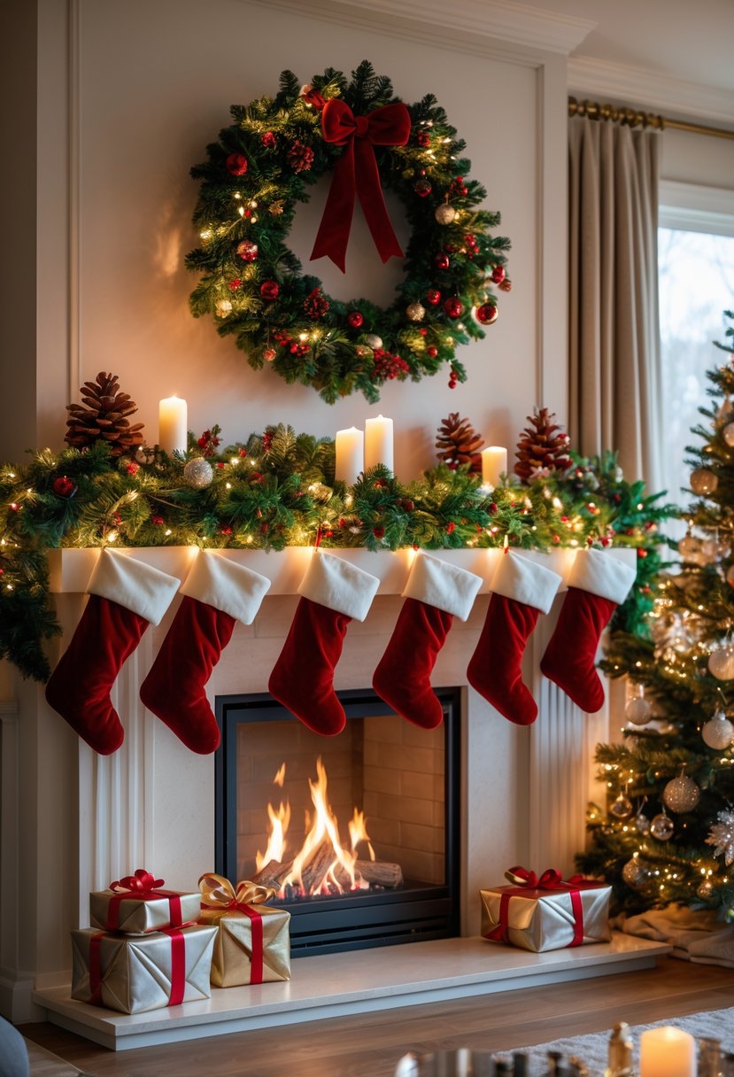Christmas Fireplace Decor Ideas 2025: 22 Stylish Ways to Elevate Your Holiday Mantel 2 A living room with a fireplace decorated with garlands, stockings, candles, and a wreath, alongside a decorated Christmas tree.