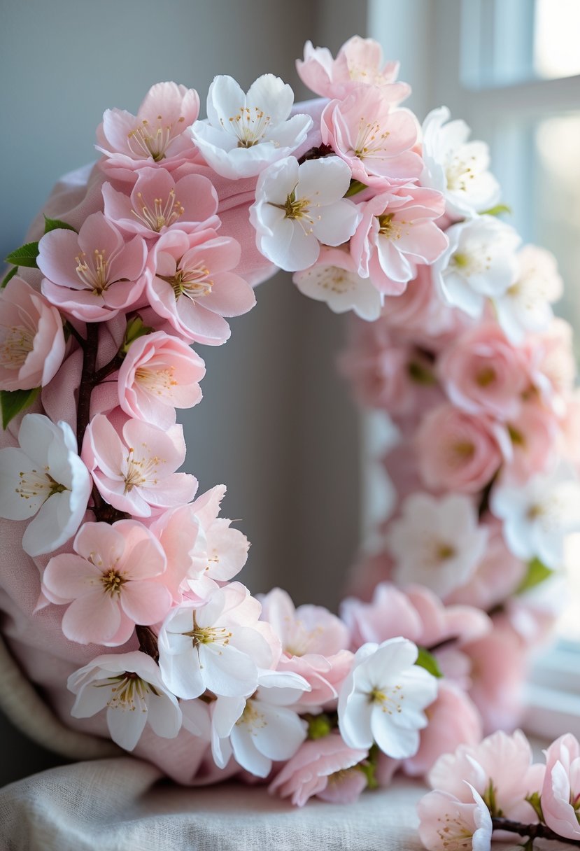 A circular fabric wreath decorated with pink and white cherry blossom flowers on a softly blurred background.