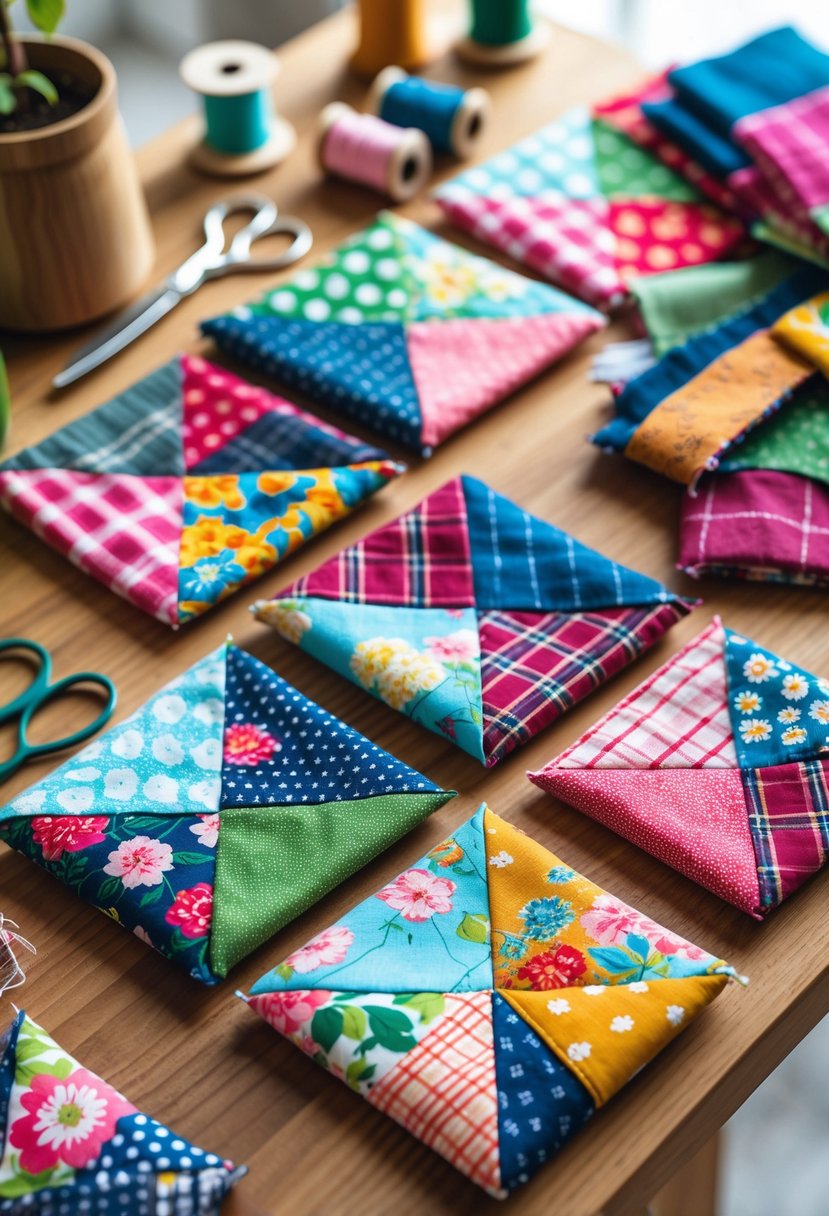 A set of colorful patchwork fabric coasters arranged on a wooden table with sewing tools and fabric scraps nearby.