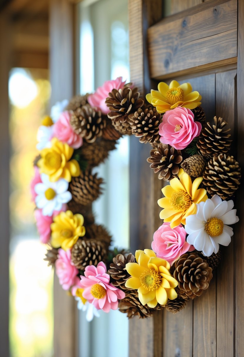 A circular wreath made of pinecones and colorful fabric flowers hanging on a wooden surface.