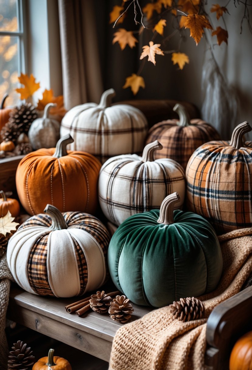 A collection of pumpkin-shaped fabric pillows arranged on a wooden bench with autumn leaves and winter decorations around them.