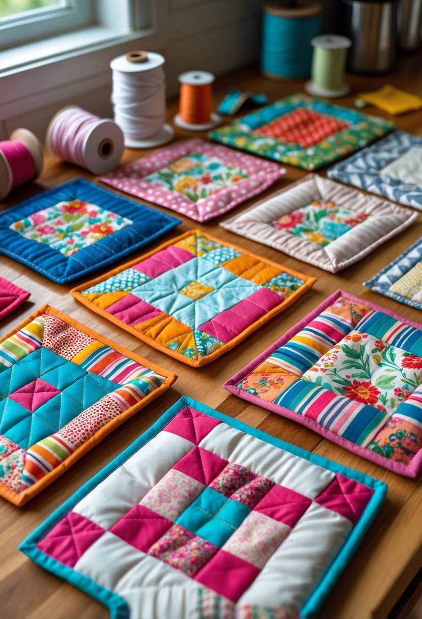 A collection of colorful quilted pot holders made from fabric scraps arranged on a wooden kitchen countertop with sewing materials nearby.