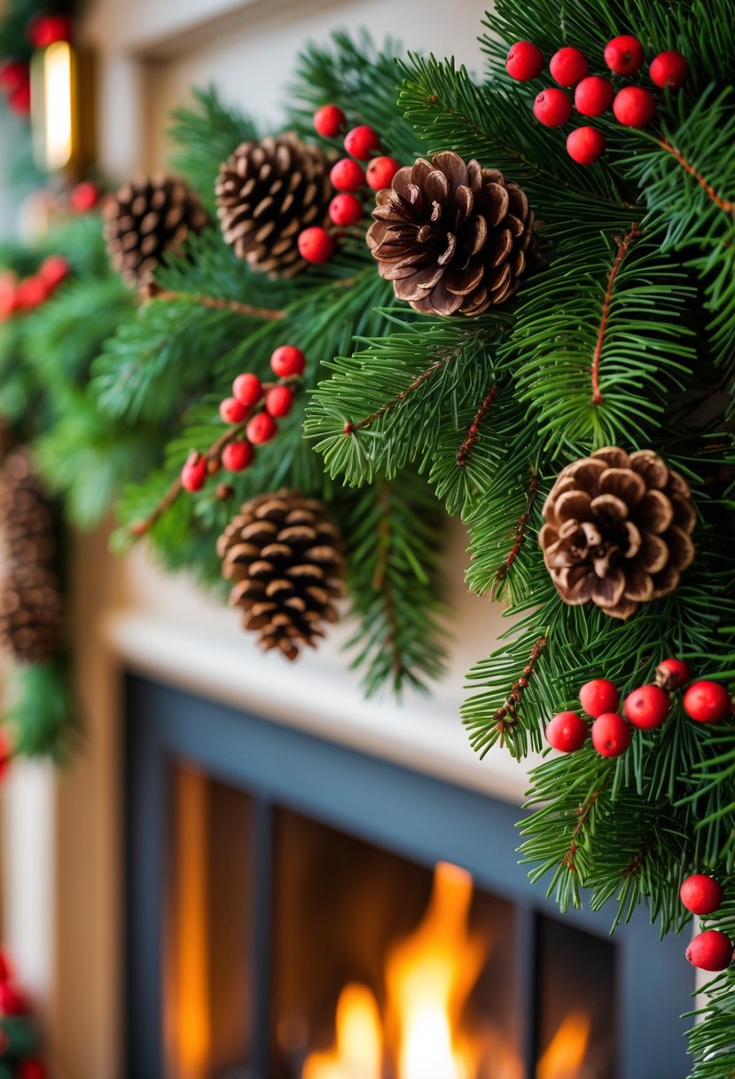 Christmas Fireplace Decor Ideas 2025: 22 Stylish Ways to Elevate Your Holiday Mantel 3 A classic evergreen garland with pine cones and red berries draped over a fireplace mantel with a warm fire burning.