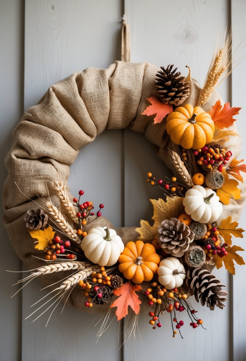 A fall harvest wreath made of burlap, decorated with pumpkins, pine cones, dried wheat, colorful autumn leaves, and berries on a wooden background.