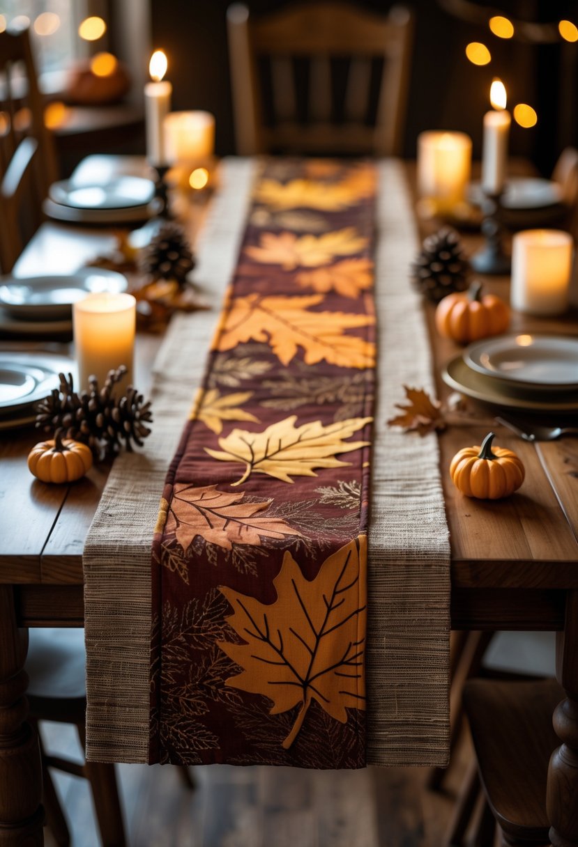 A wooden dining table decorated with leaf-patterned fabric table runners and autumn-themed seasonal decorations.