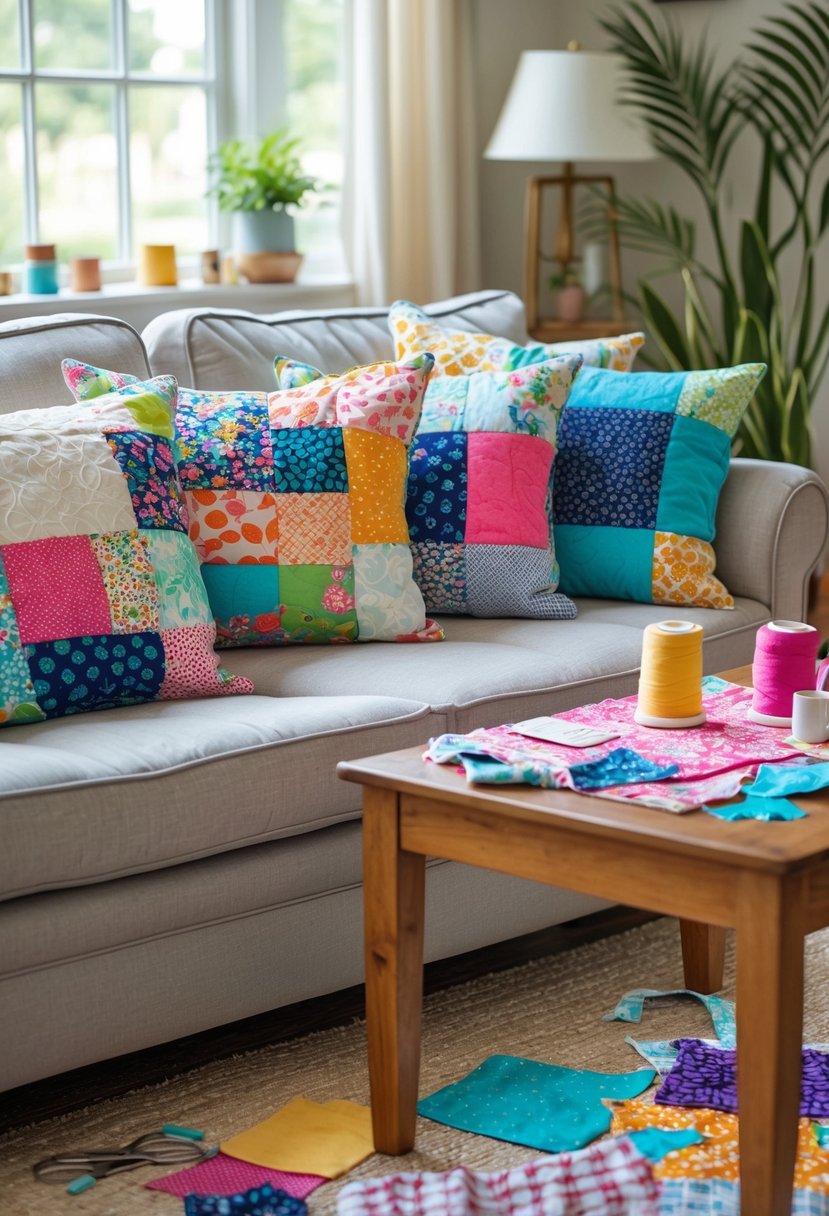 A sofa with multiple colorful throw pillows made from fabric scraps in a bright living room with craft supplies on a nearby table.