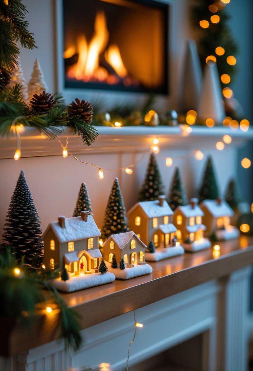 Christmas Fireplace Decor Ideas 2025: 22 Stylish Ways to Elevate Your Holiday Mantel 4 A miniature Christmas village with glowing fairy lights displayed on a decorated mantel above a fireplace.