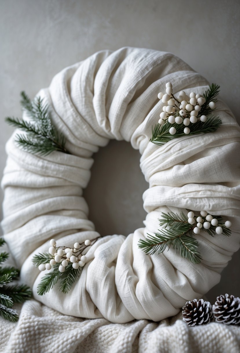 A circular white linen winter wreath decorated with small white berries, pine cones, and evergreen sprigs on a neutral background.