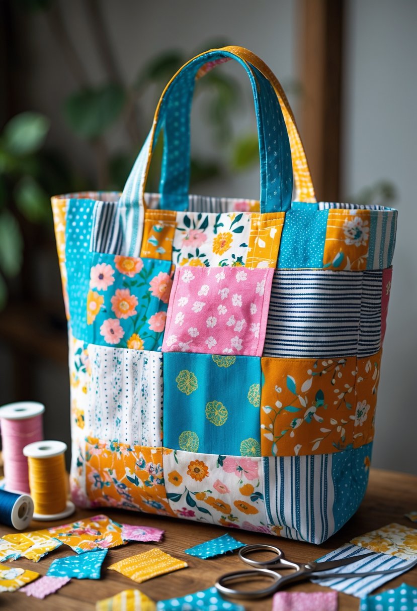 A colorful patchwork tote bag made from various fabric scraps placed on a wooden table with sewing materials around it.