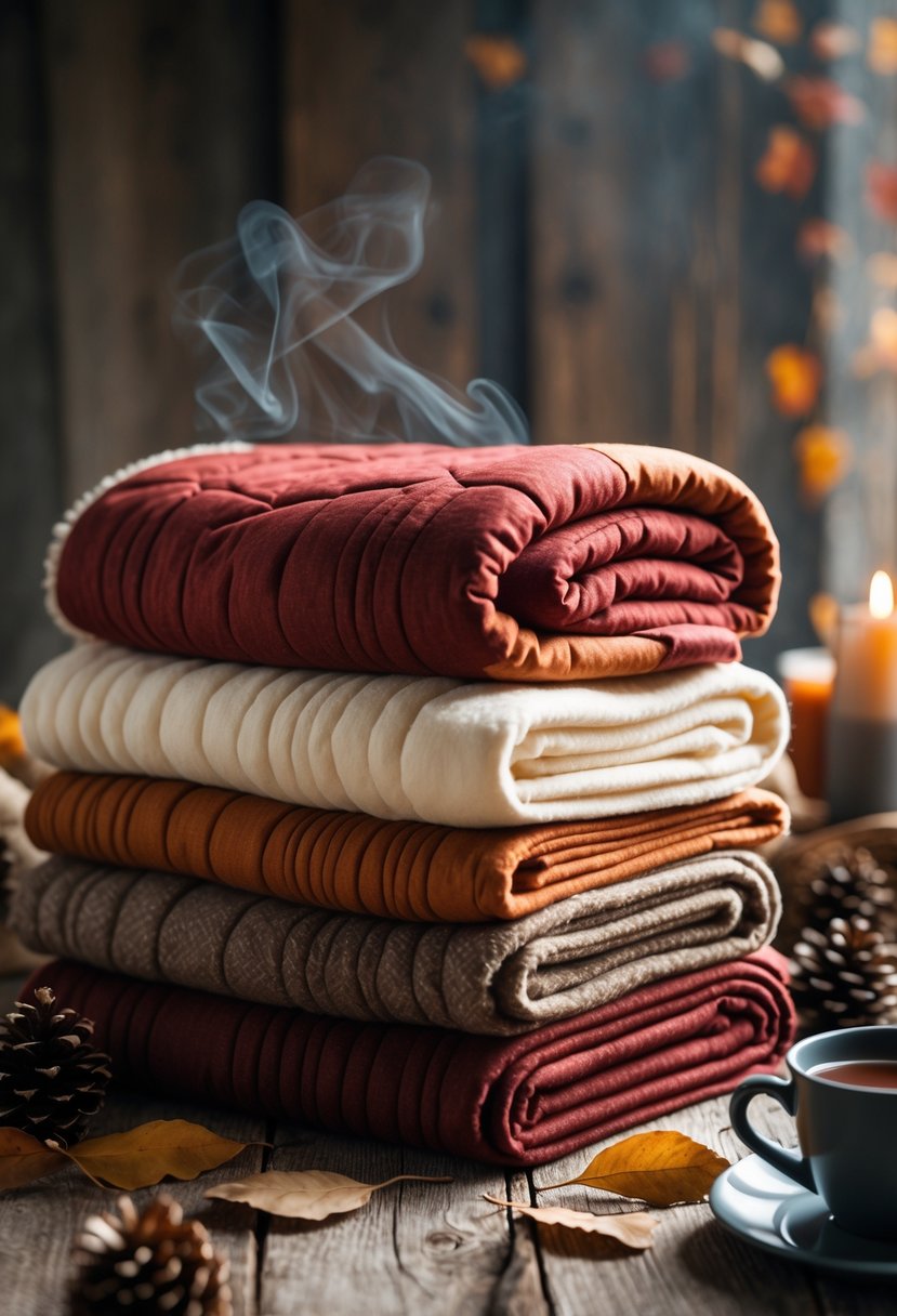 Stack of folded wool quilted blankets in warm colors placed on a wooden surface with autumn leaves and a cup of tea nearby.