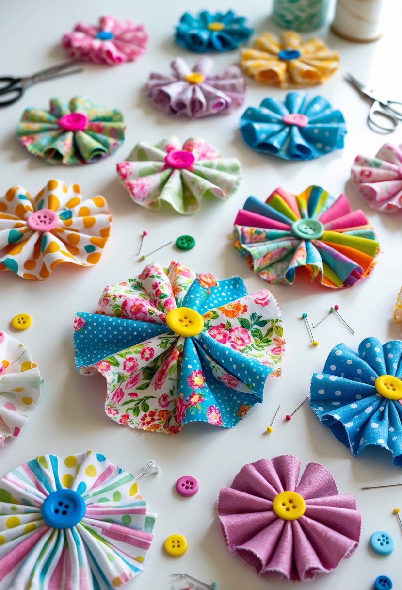 A collection of colorful fabric flowers made from scraps arranged on a white surface with sewing tools and craft supplies nearby.