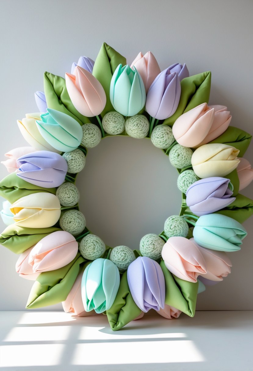 A circular wreath made of pastel-colored fabric tulip flowers and green leaves displayed against a plain background.