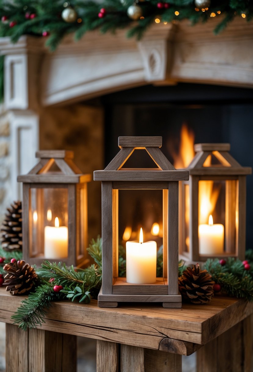 Christmas Fireplace Decor Ideas 2025: 22 Stylish Ways to Elevate Your Holiday Mantel 5 Rustic wooden lanterns with glowing LED candles placed on a mantel above a fireplace decorated for Christmas.