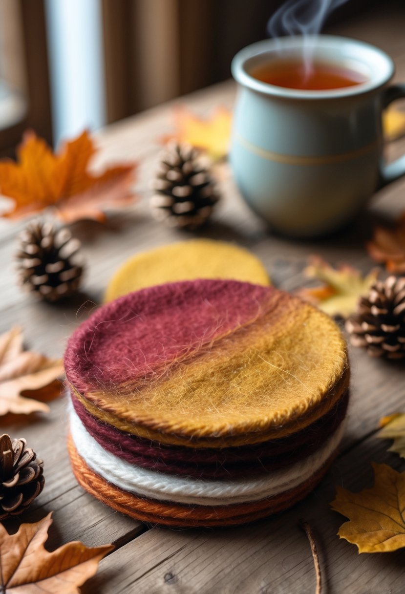 A set of colorful felted wool coasters on a wooden table with autumn leaves, pinecones, and a warm mug of tea.