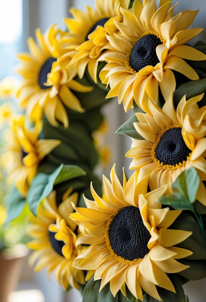 A bright sunflower wreath made of fabric with yellow flowers and green leaves on a soft blurred background.