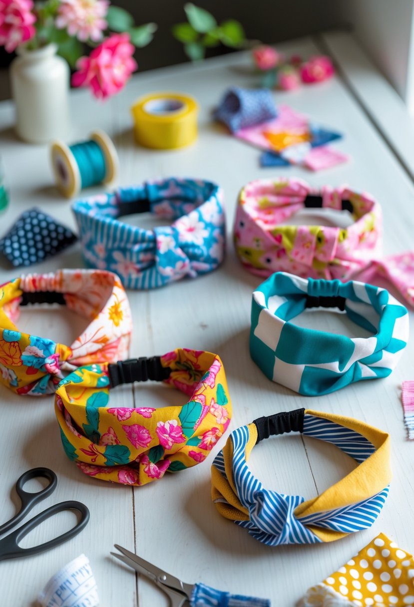 A collection of colorful fabric headbands made from scraps arranged on a wooden surface with sewing tools and fabric pieces around them.