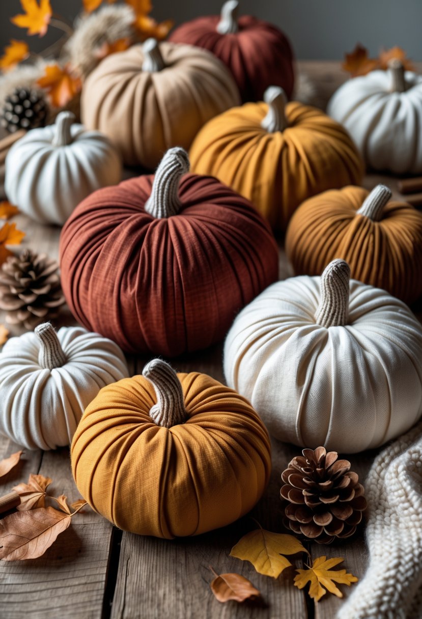 A collection of cotton fabric pumpkins in warm autumn colors arranged on a wooden table with dried leaves and pinecones nearby.