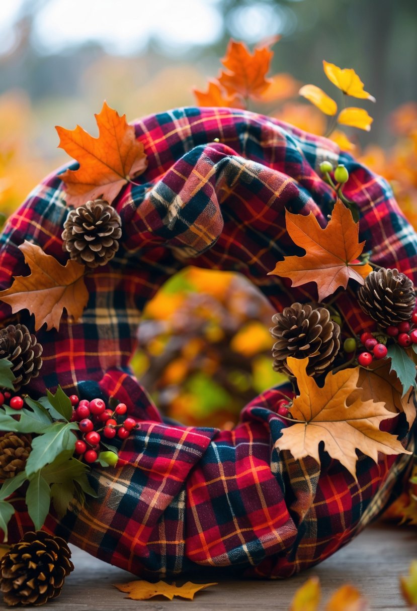 A circular autumn wreath made of plaid fabric and colorful fall leaves on a blurred background.