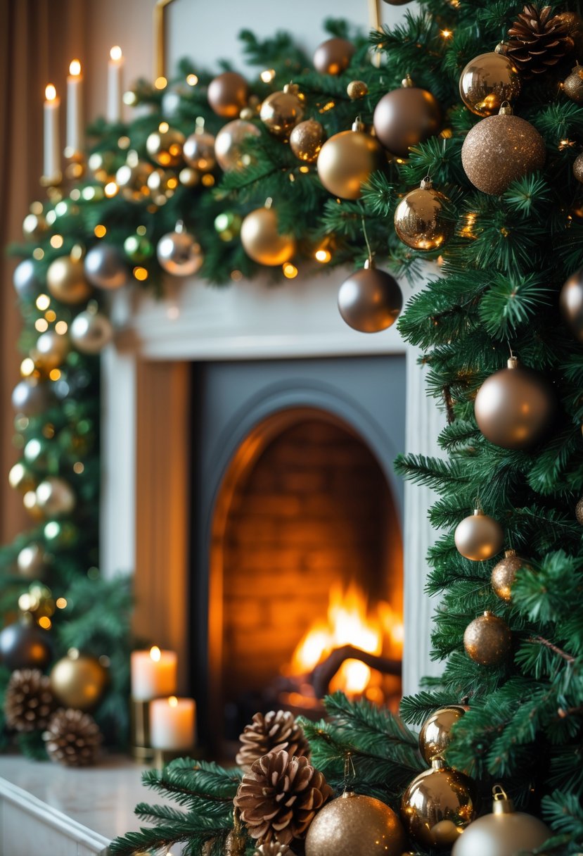 Christmas Fireplace Decor Ideas 2025: 22 Stylish Ways to Elevate Your Holiday Mantel 6 A fireplace decorated with green pine branches and gold and bronze Christmas baubles, with candles and a warm fire burning.