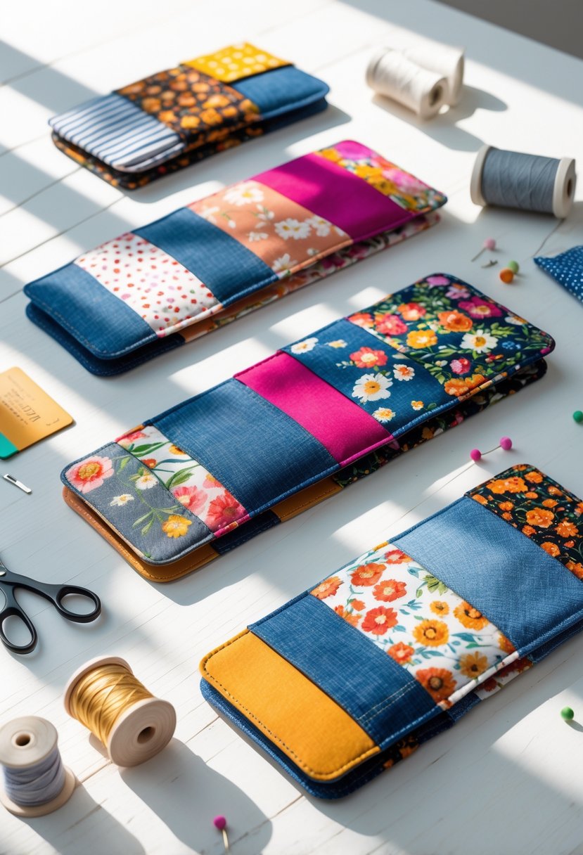 A collection of colorful fabric scrap phone wallets arranged on a wooden surface with sewing tools nearby.