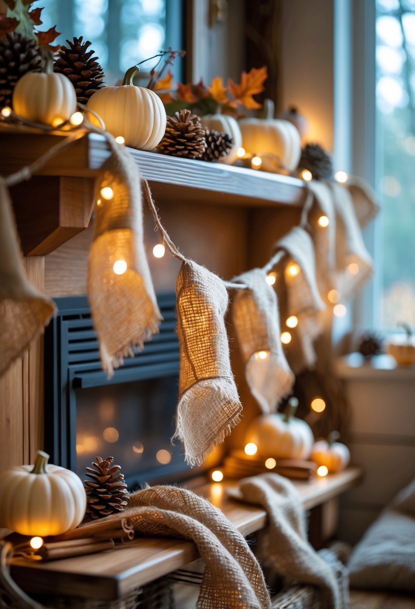 Rustic burlap garlands decorated with pumpkins, pine cones, and fairy lights arranged on a wooden surface with natural light.