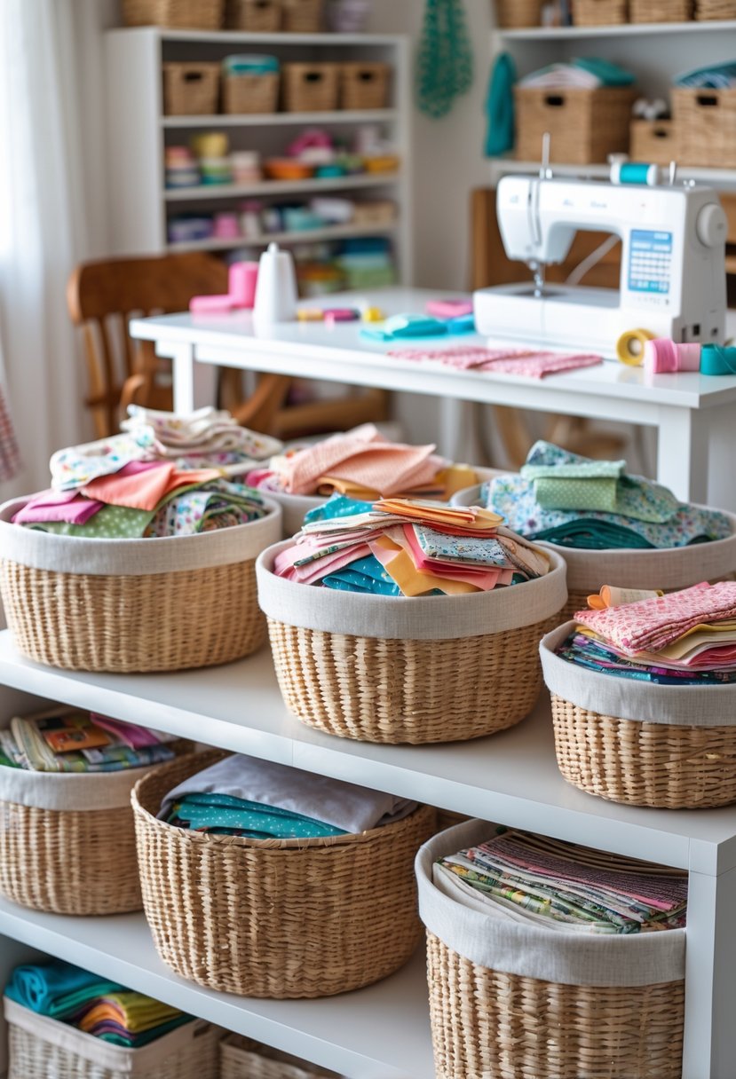 Storage baskets filled with colorful fabric scraps arranged on shelves and a table in a craft room with sewing tools and supplies.