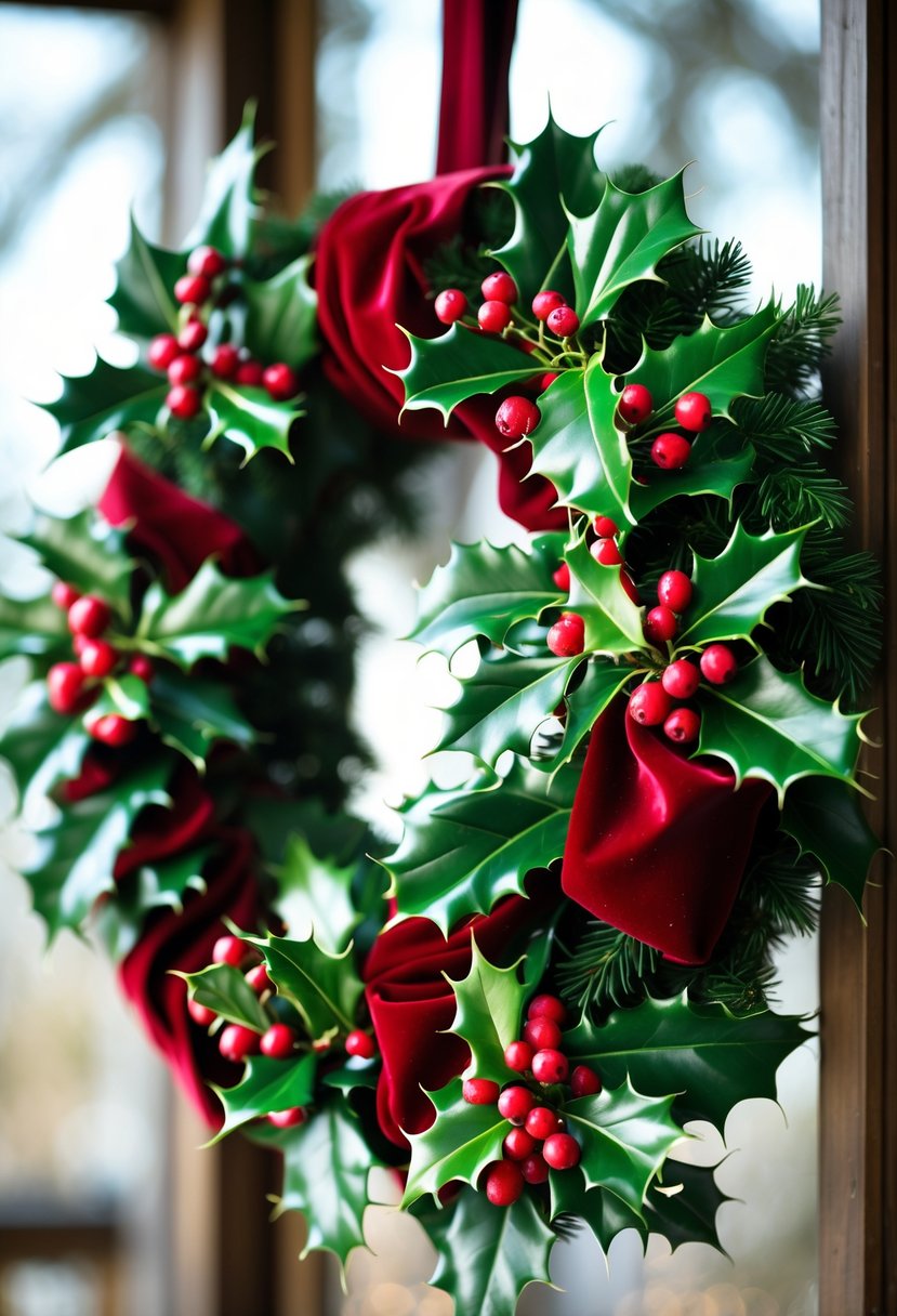 A circular winter wreath made of velvet ribbons, holly leaves, and red berries.