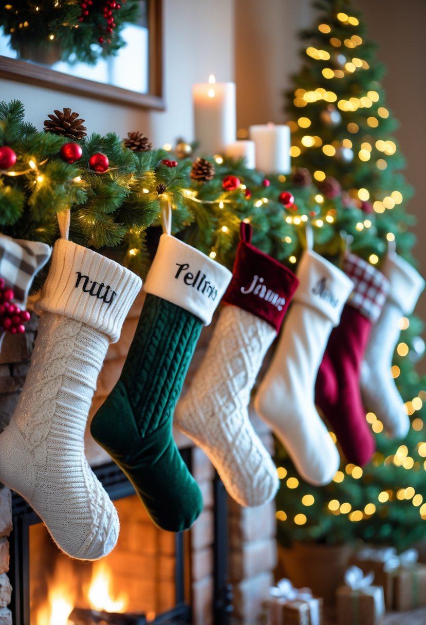 Christmas Fireplace Decor Ideas 2025: 22 Stylish Ways to Elevate Your Holiday Mantel 7 A fireplace mantle decorated with several personalized stockings hanging, surrounded by festive garlands and warm Christmas lights.