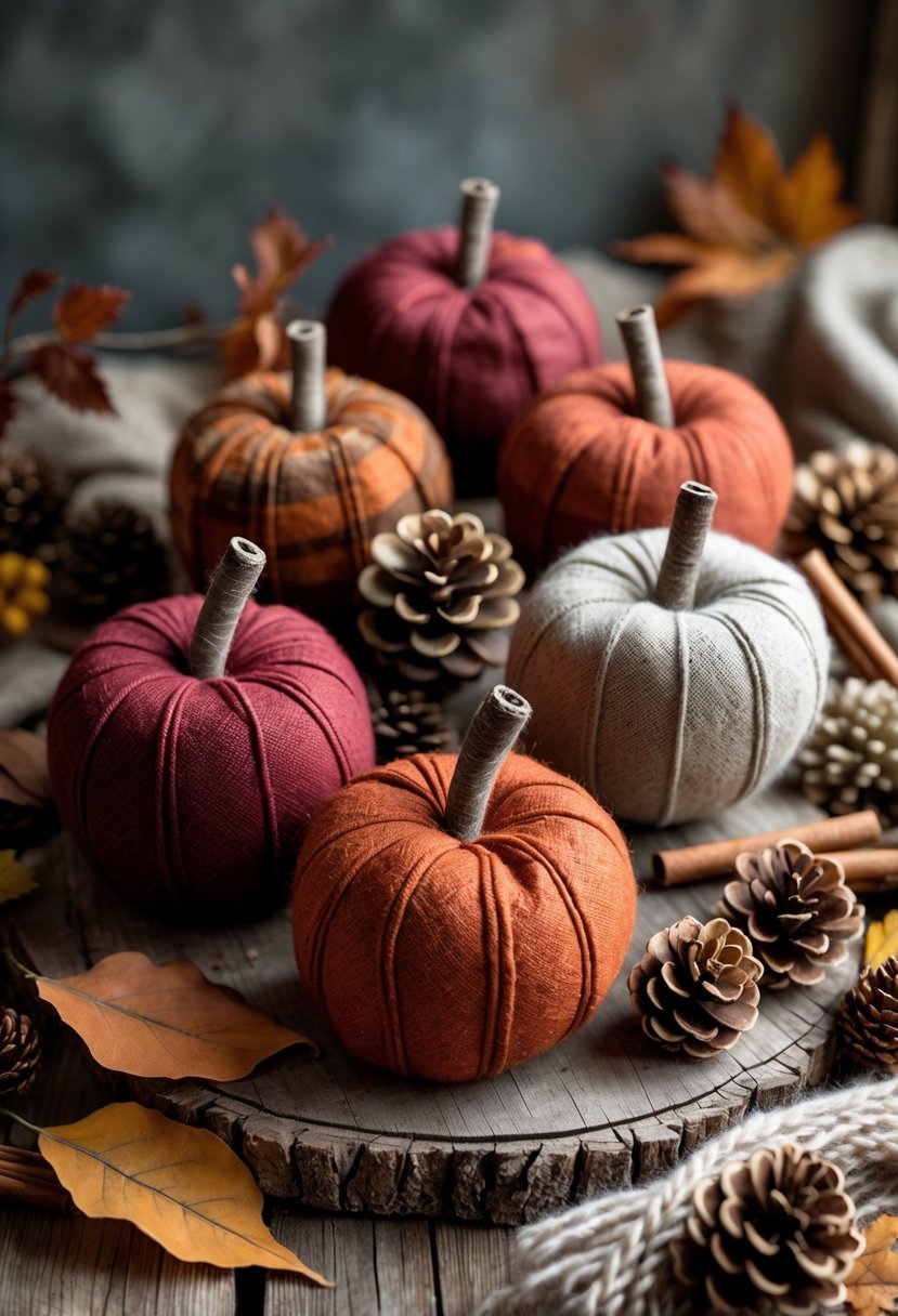A collection of hand-sewn fabric apples in autumn colors arranged on a wooden surface with fall leaves and pinecones.