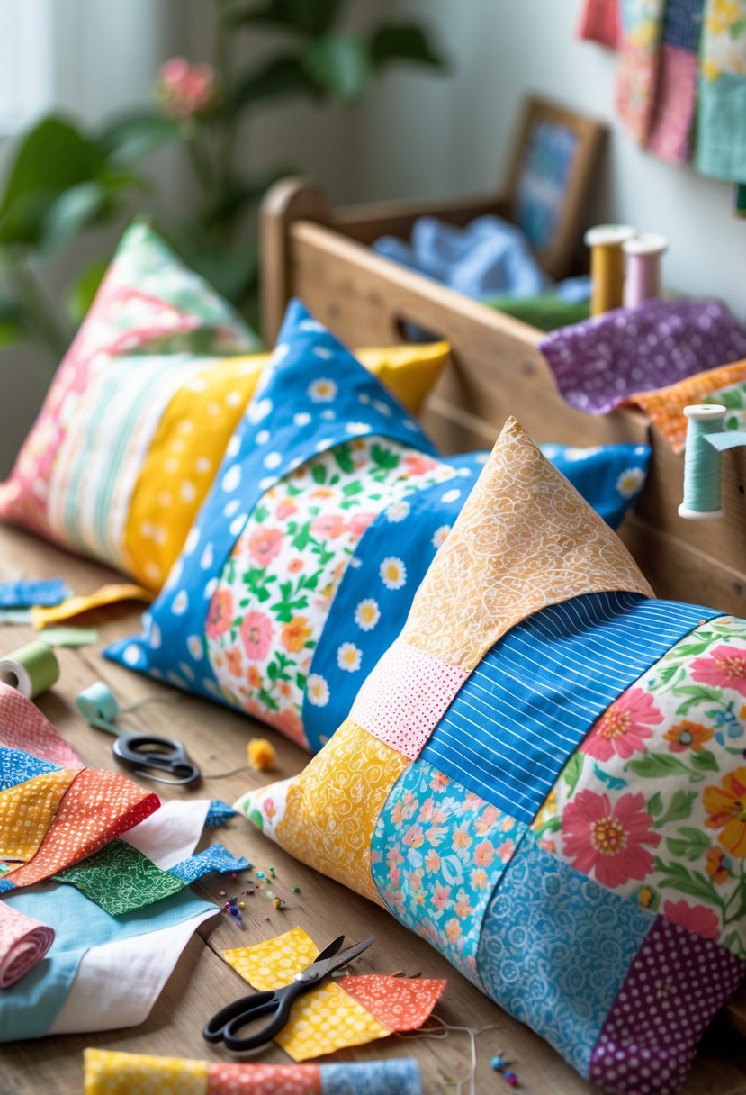 A table with colorful patchwork pillowcases made from fabric scraps surrounded by sewing tools and fabric pieces.
