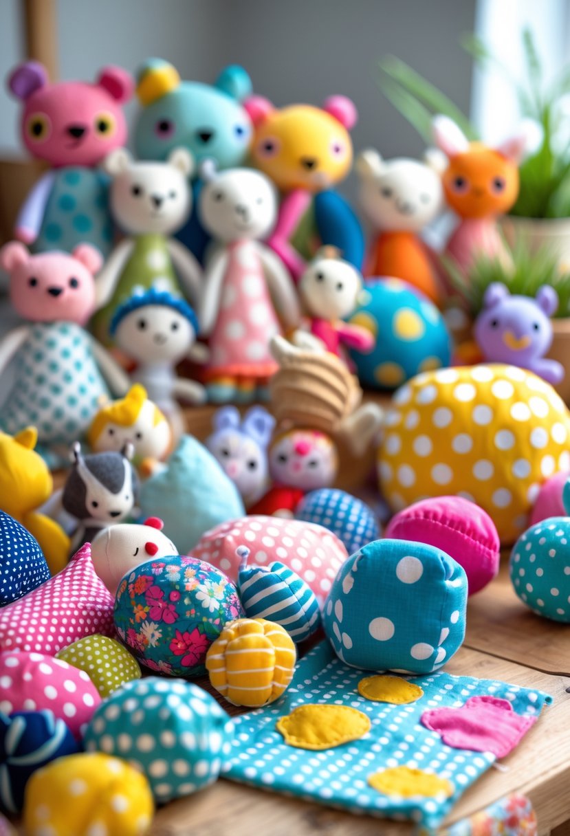 A collection of colorful handmade soft fabric toys for kids arranged on a wooden table.