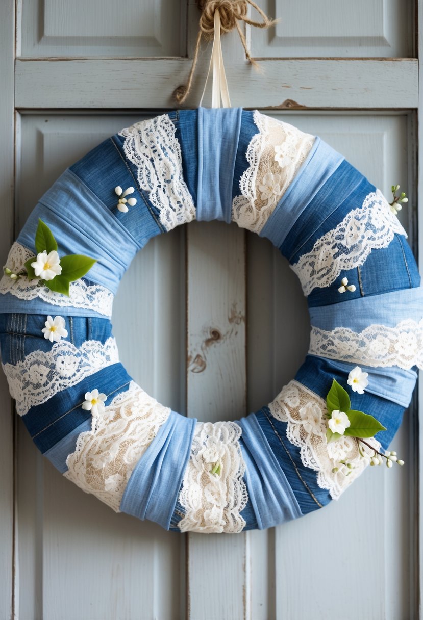 A circular summer wreath made of blue denim and white lace fabric with small white flowers and green leaves, hanging on a wooden door.