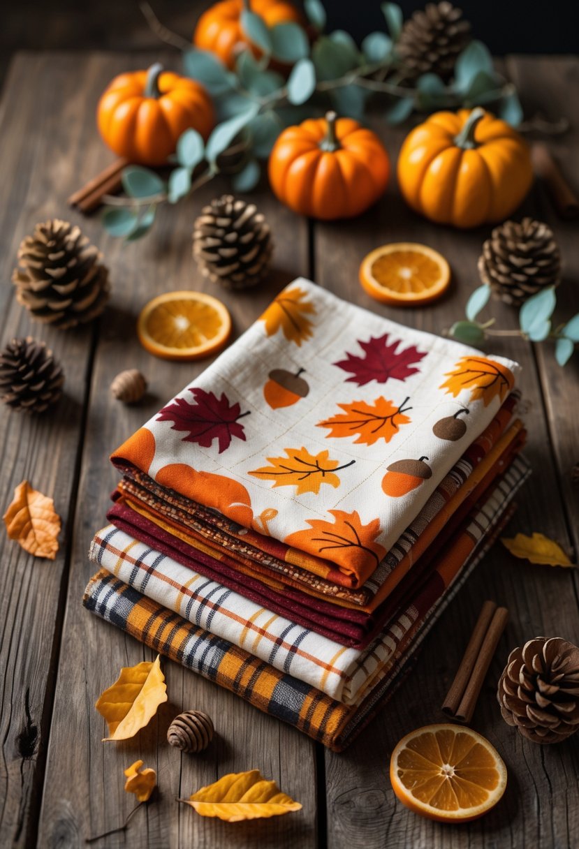 A set of autumn-colored fabric napkins arranged on a wooden table with seasonal decorations like pine cones and dried orange slices.