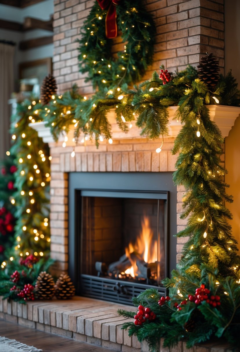 Christmas Fireplace Decor Ideas 2025: 22 Stylish Ways to Elevate Your Holiday Mantel 8 A fireplace decorated with green garlands woven with string lights and festive holiday accents.