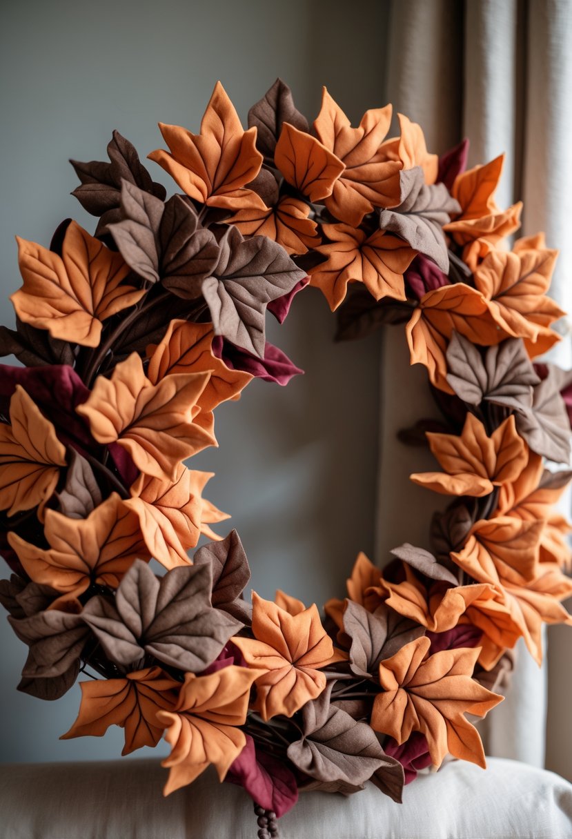 A circular fall wreath made of orange and brown cotton leaves on a neutral background.