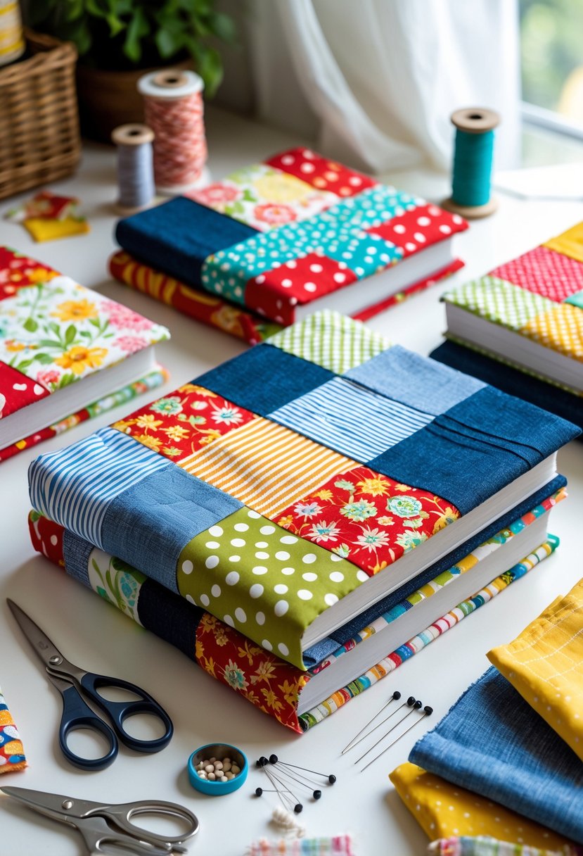 A workspace with several books covered in colorful patchwork fabric scraps, surrounded by sewing tools and fabric pieces.