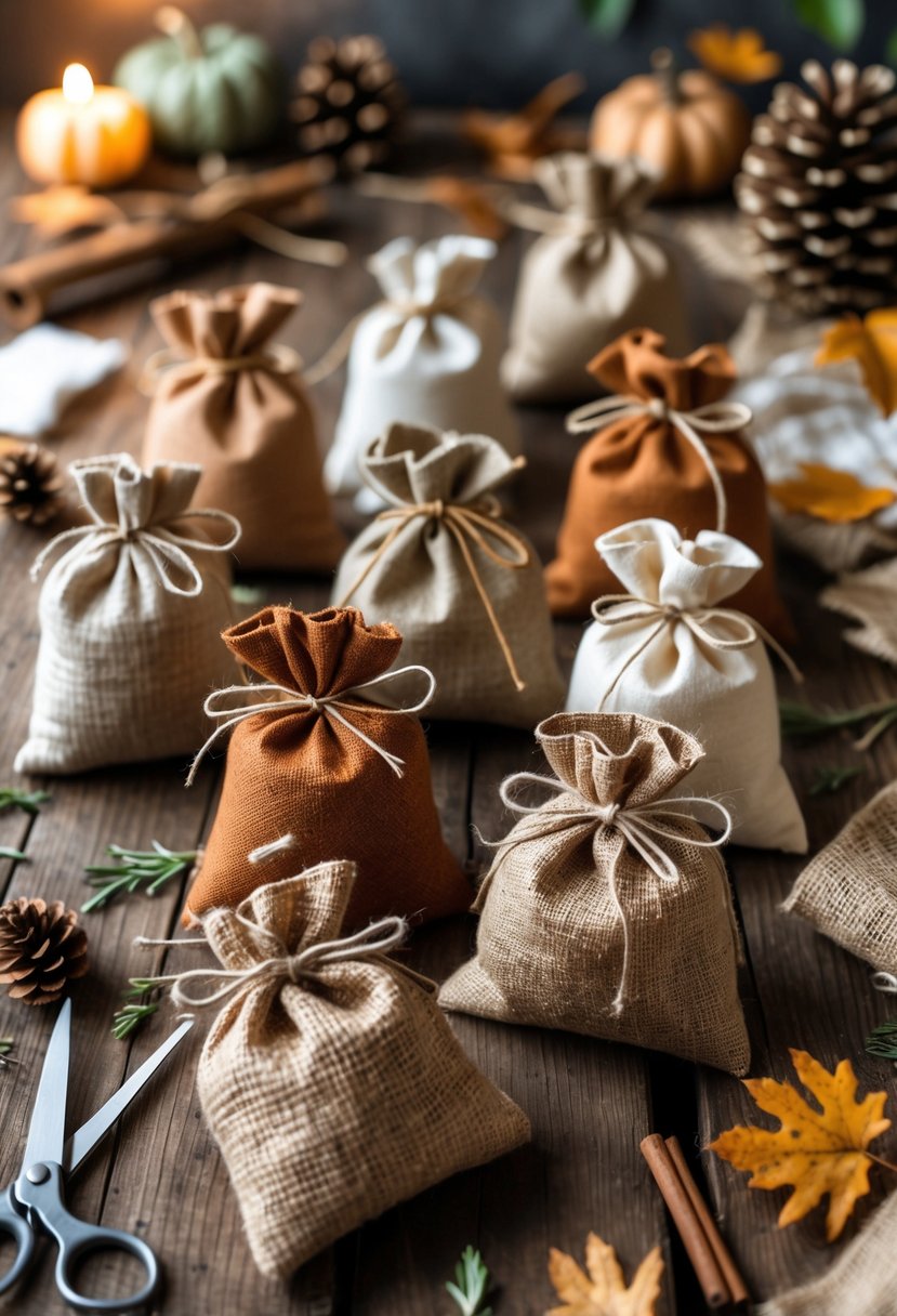 A collection of handmade fabric seed bags on a wooden table surrounded by crafting supplies and autumn decorations.