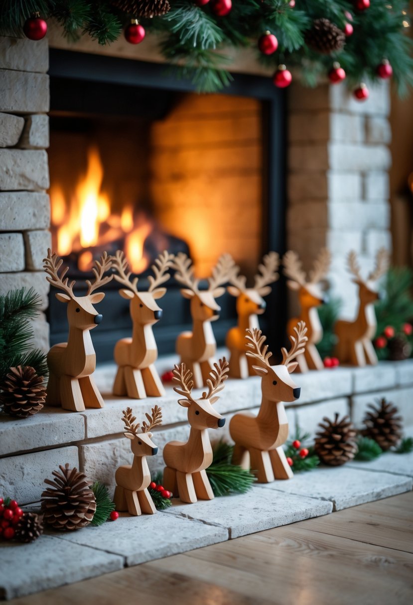 Christmas Fireplace Decor Ideas 2025: 22 Stylish Ways to Elevate Your Holiday Mantel 9 Wooden reindeer figurines arranged on a fireplace hearth with a warm glowing fire in the background.