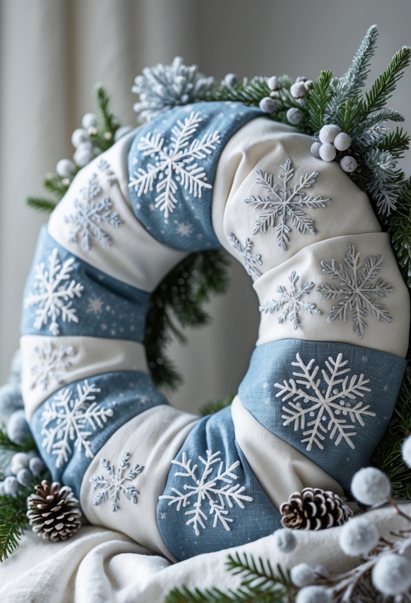A winter wreath made of fabric with embroidered snowflakes and decorated with pine cones and frosted berries.
