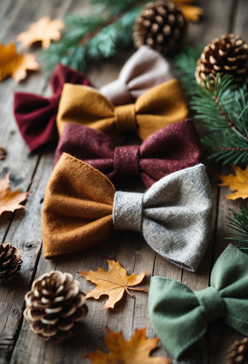 A collection of oversized fabric bows in warm fall and winter colors arranged on a wooden surface with autumn leaves and pinecones.