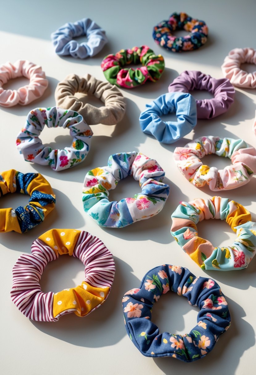 A collection of colorful fabric hair scrunchies made from recycled fabric scraps arranged on a neutral surface.