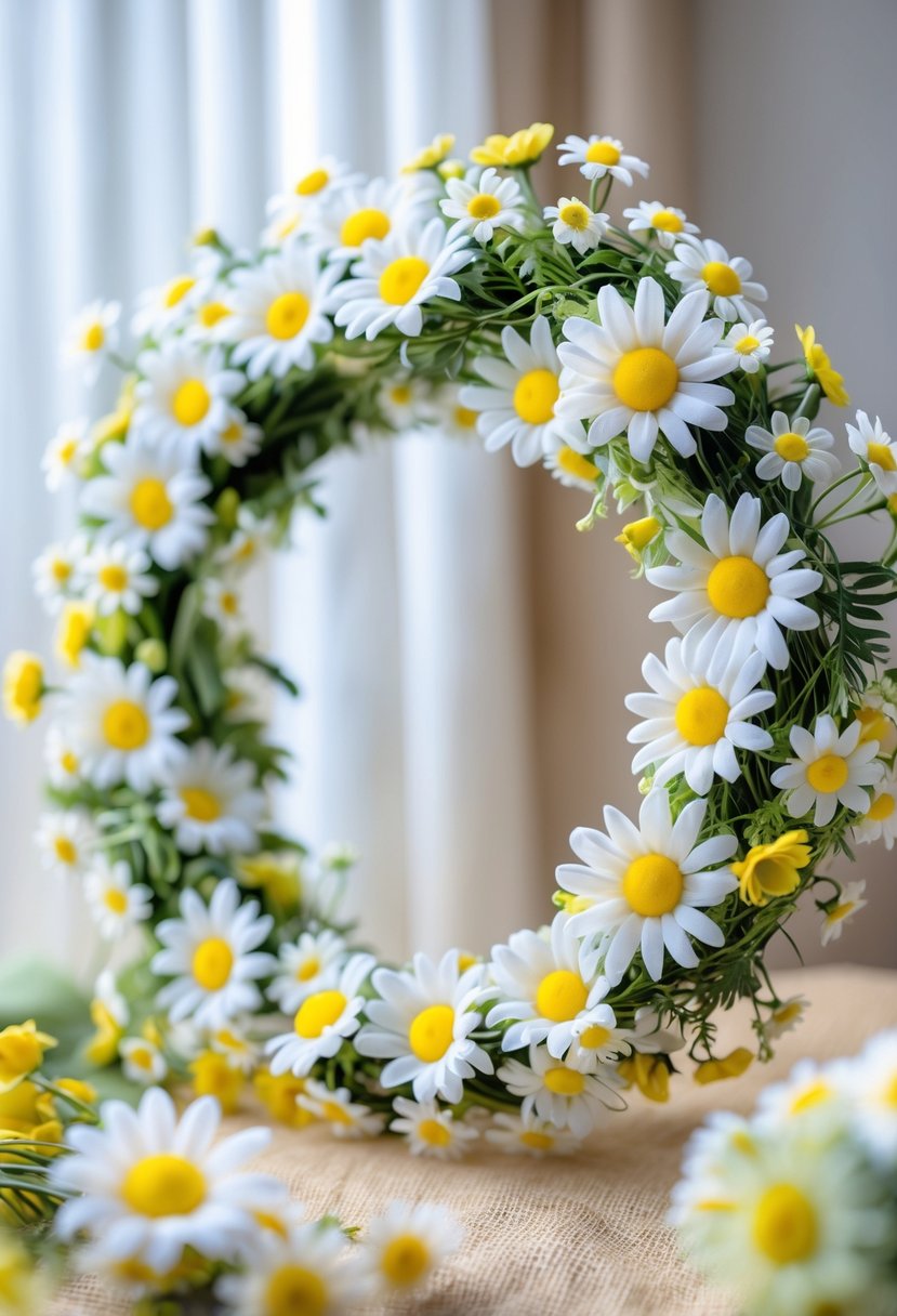 A circular spring wreath made of white and yellow fabric daisies arranged in a continuous chain.