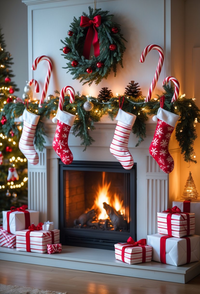 Christmas Fireplace Decor Ideas 2025: 22 Stylish Ways to Elevate Your Holiday Mantel 10 A Christmas fireplace decorated with red and white candy cane accents, stockings, greenery, and a warm glowing fire.