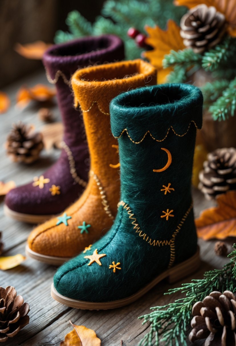 Close-up of felt witch boot decorations surrounded by pine cones, dried leaves, and cinnamon sticks on a wooden surface.