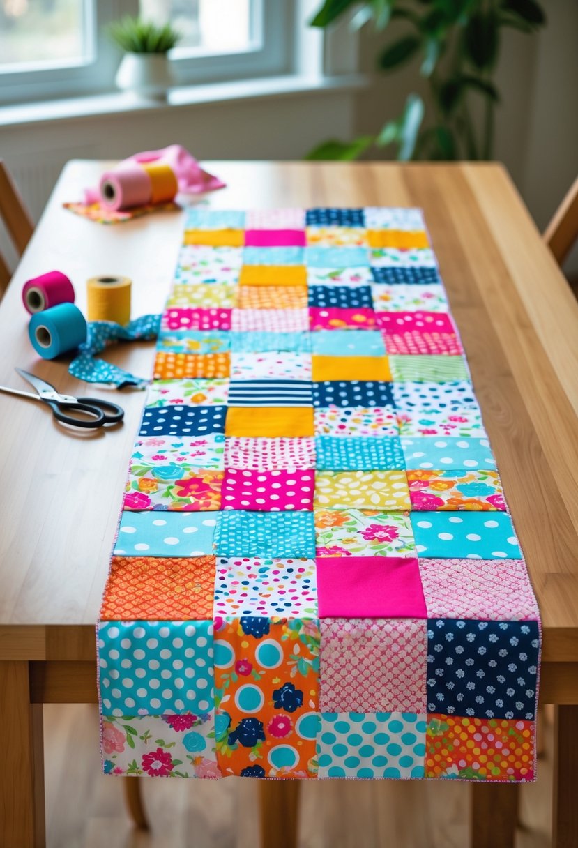 A colorful patchwork table runner made from various fabric scraps laid out on a wooden dining table with sewing supplies nearby.