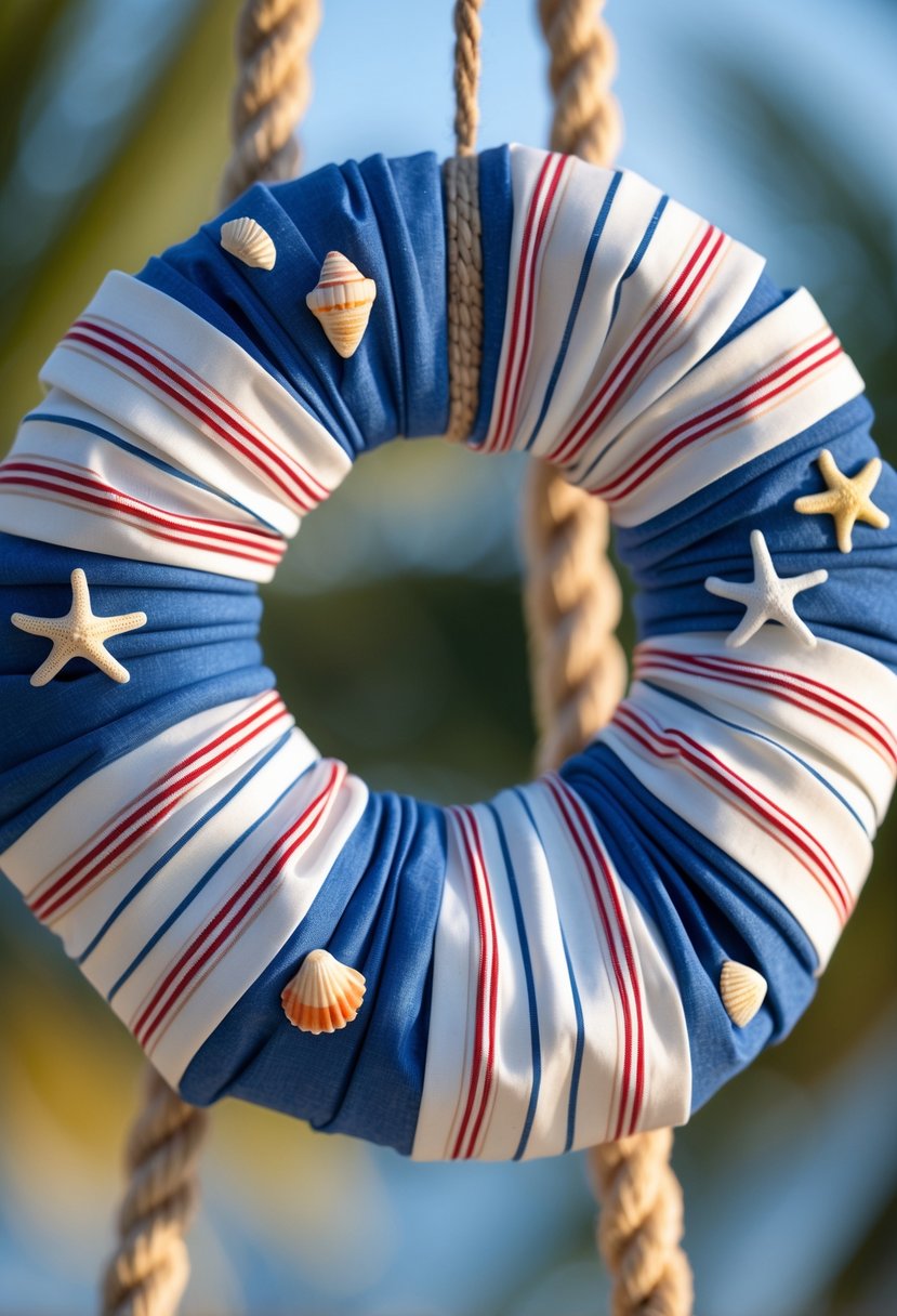 A circular summer wreath made of striped blue, white, and red fabric with seashell and rope decorations on a softly blurred background.
