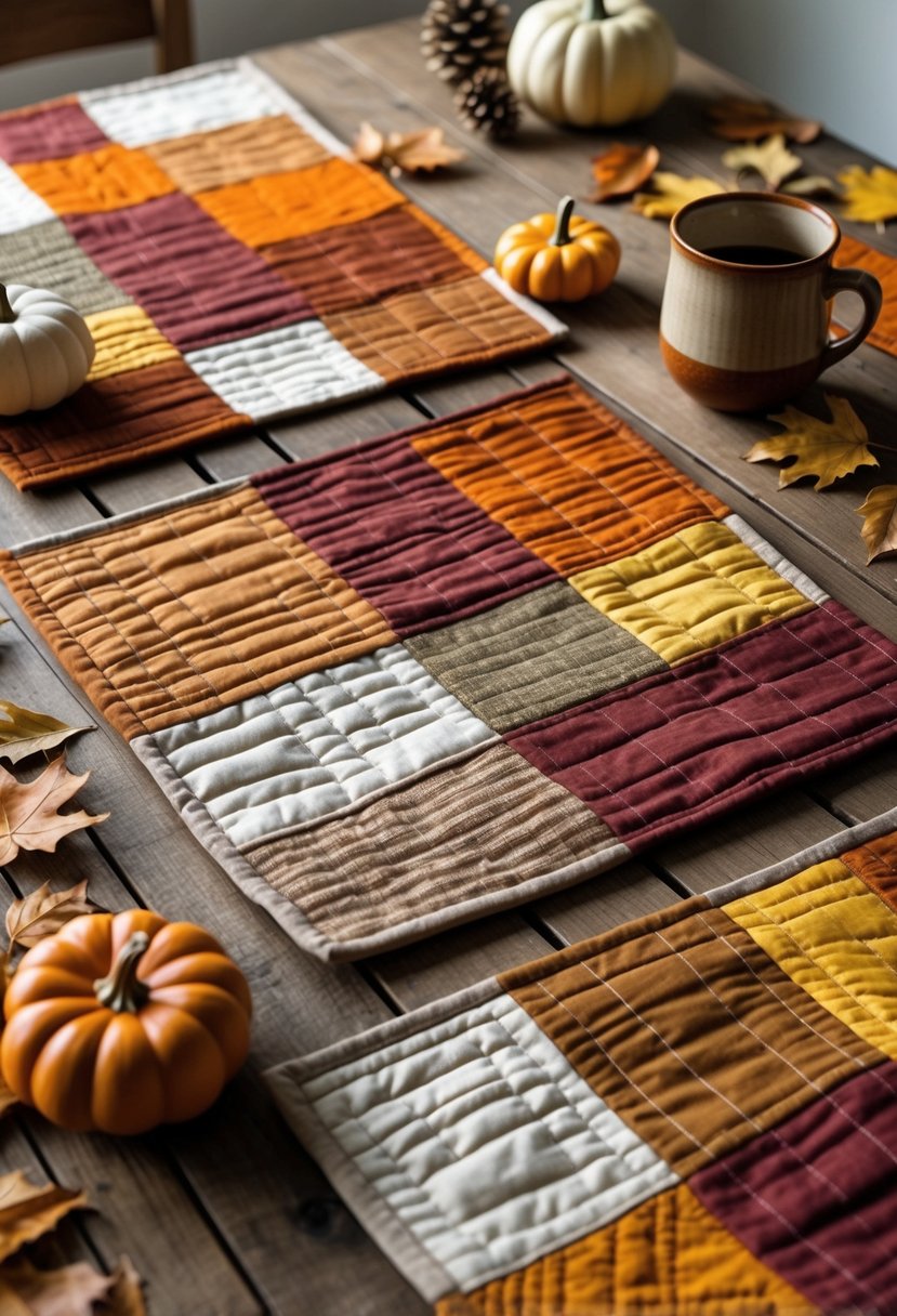 A set of colorful patchwork fall placemats on a wooden table with autumn decorations like pumpkins and dried leaves.