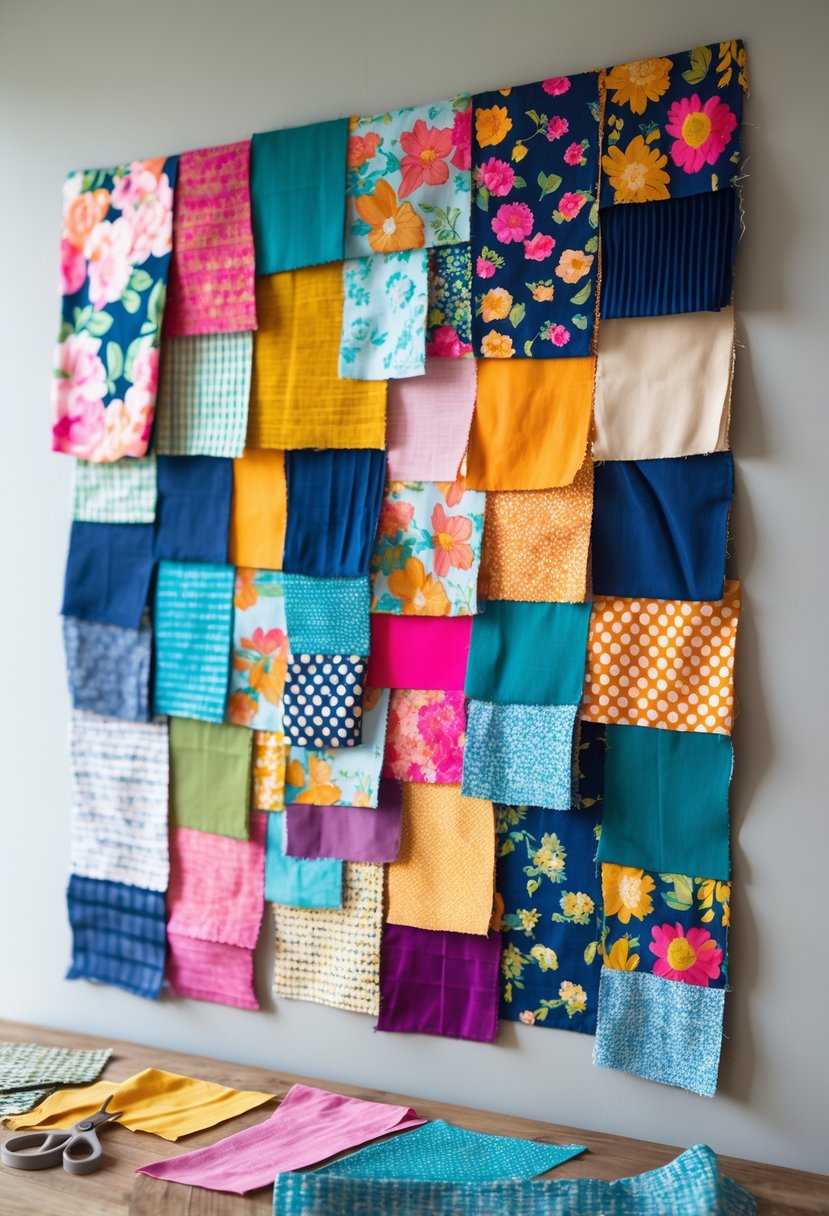 A colorful wall art made from various fabric scraps arranged in an abstract collage on a neutral wall with crafting supplies on a table below.