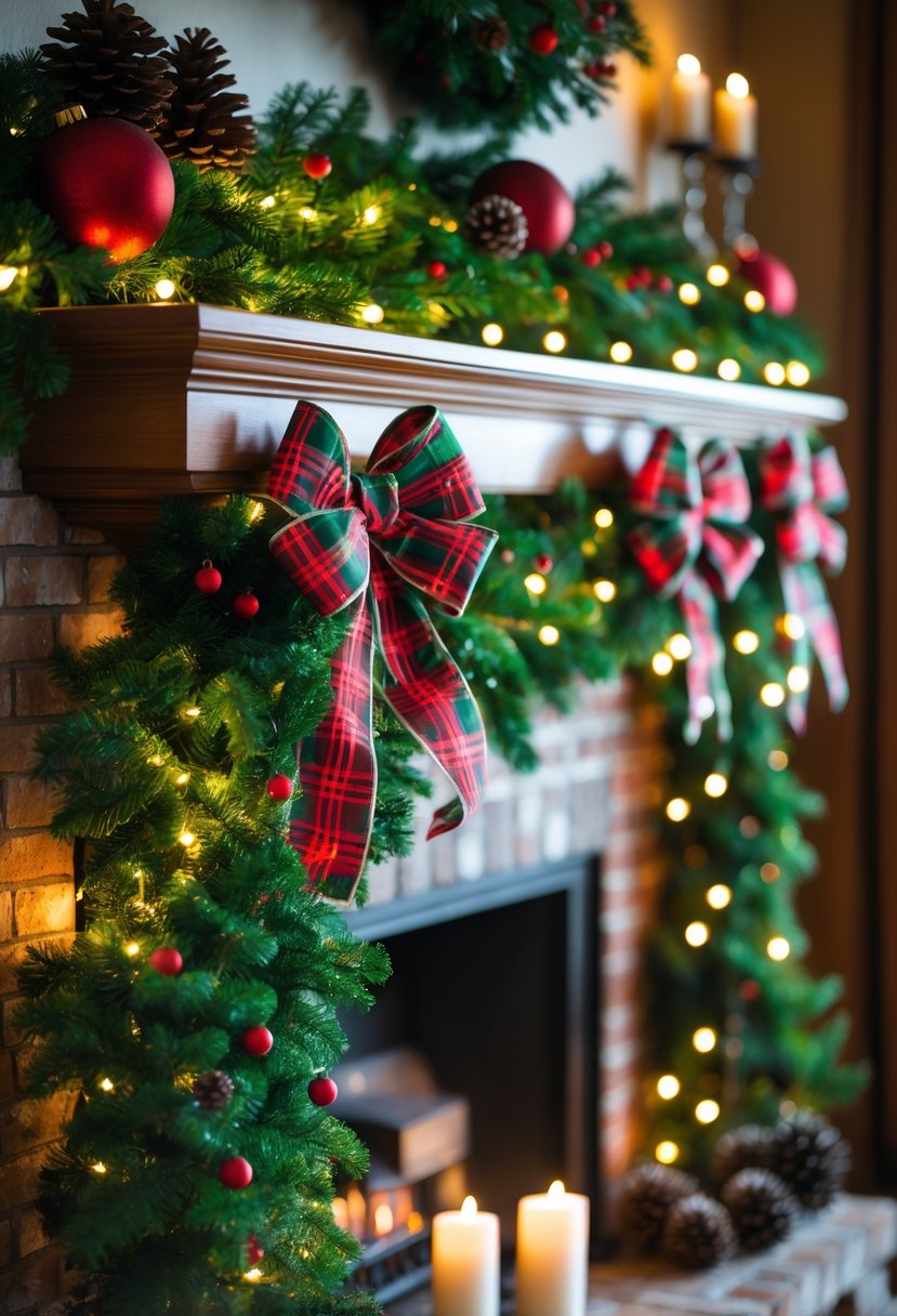 Christmas Fireplace Decor Ideas 2025: 22 Stylish Ways to Elevate Your Holiday Mantel 11 A Christmas fireplace decorated with green garlands and plaid ribbon bows tied around them, with warm white lights glowing softly.