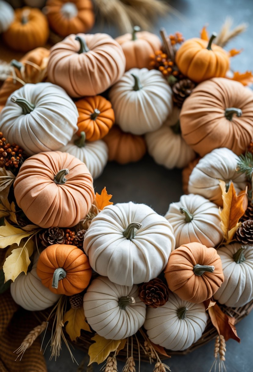 A fall wreath made of layered fabric pumpkins and autumn decorations on a circular base.
